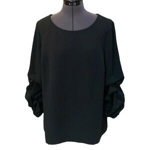 Alfani Womens Smocked Tunic Blouse Black M Zippers Back Rushed Sleeve 3/4 Sleeve